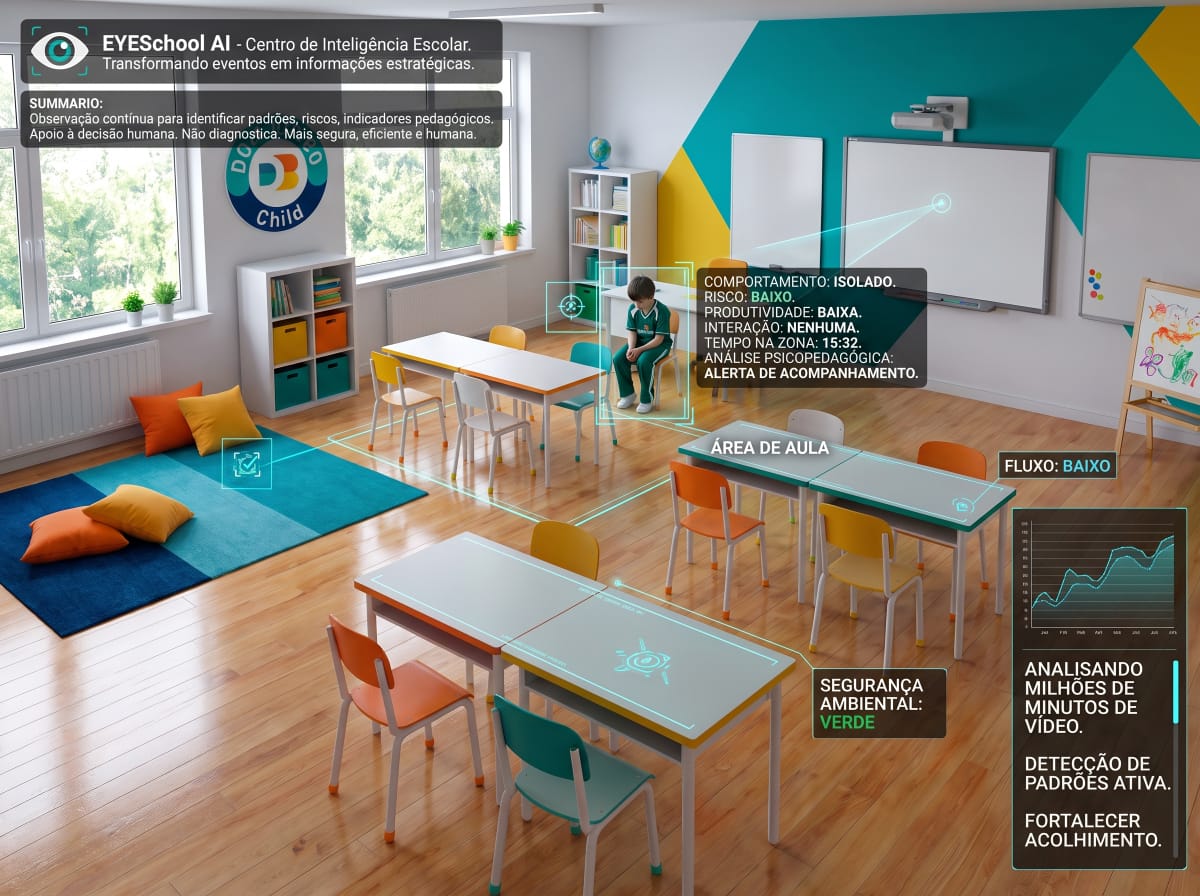 Sala de aula com a leitura do EYESchool AI: comportamento, risco, zona e segurança ambiental